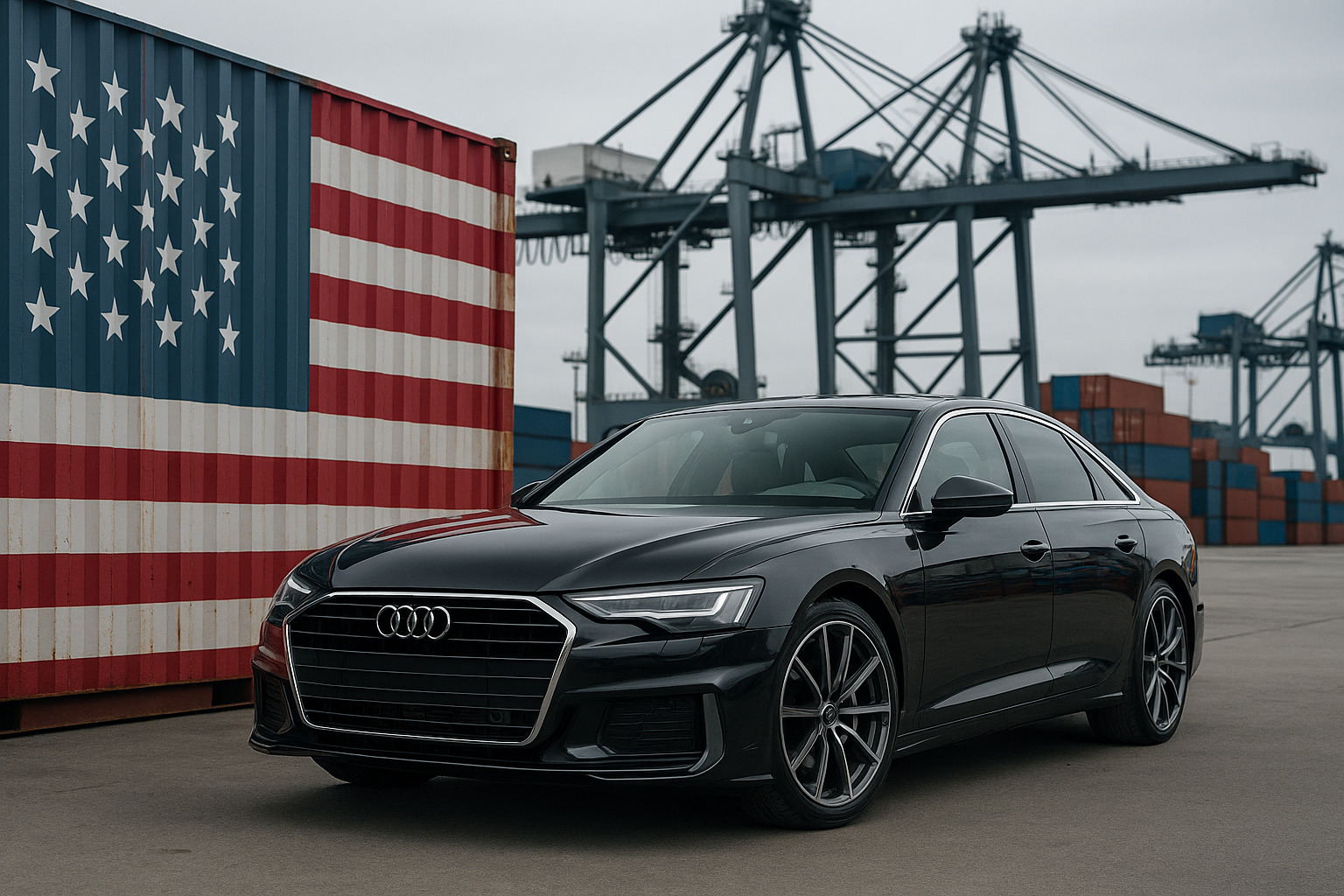 Чёрный Audi из США на фоне контейнерного порта с американским флагом