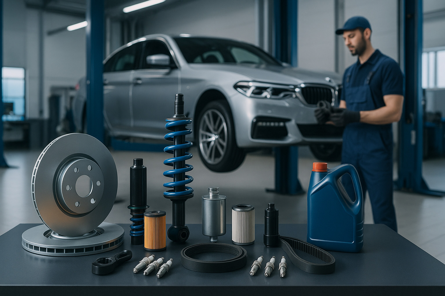 Сучасний автосервіс у Києві: на столі акуратно розкладені автозапчастини — гальмівні диски, амортизатори, фільтри, свічки запалювання, ремінь і мастило. На фоні піднятий на підйомнику автомобіль BMW, механік у робочій формі перевіряє деталь. Атмосфера професійності та надійності.