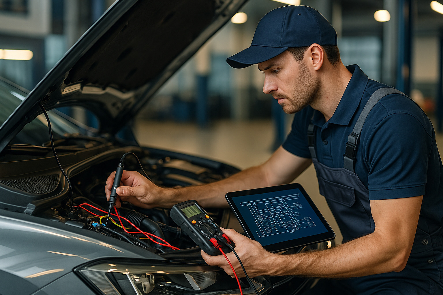 Механік у сучасному автосервісі проводить діагностику електропроводки автомобіля: під капотом підключений мультиметр, на планшеті відображена схема CAN-шини. Атмосфера професійна, технологічна