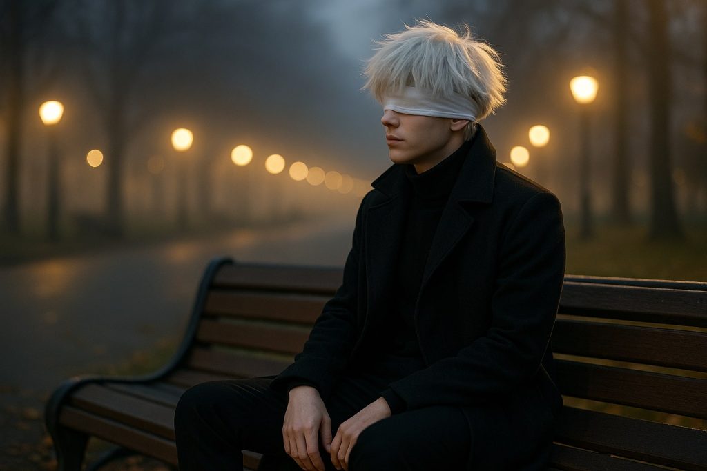 Годжо Сатору у вечірньому парку в чорному плащі з білою пов’язкою на очах