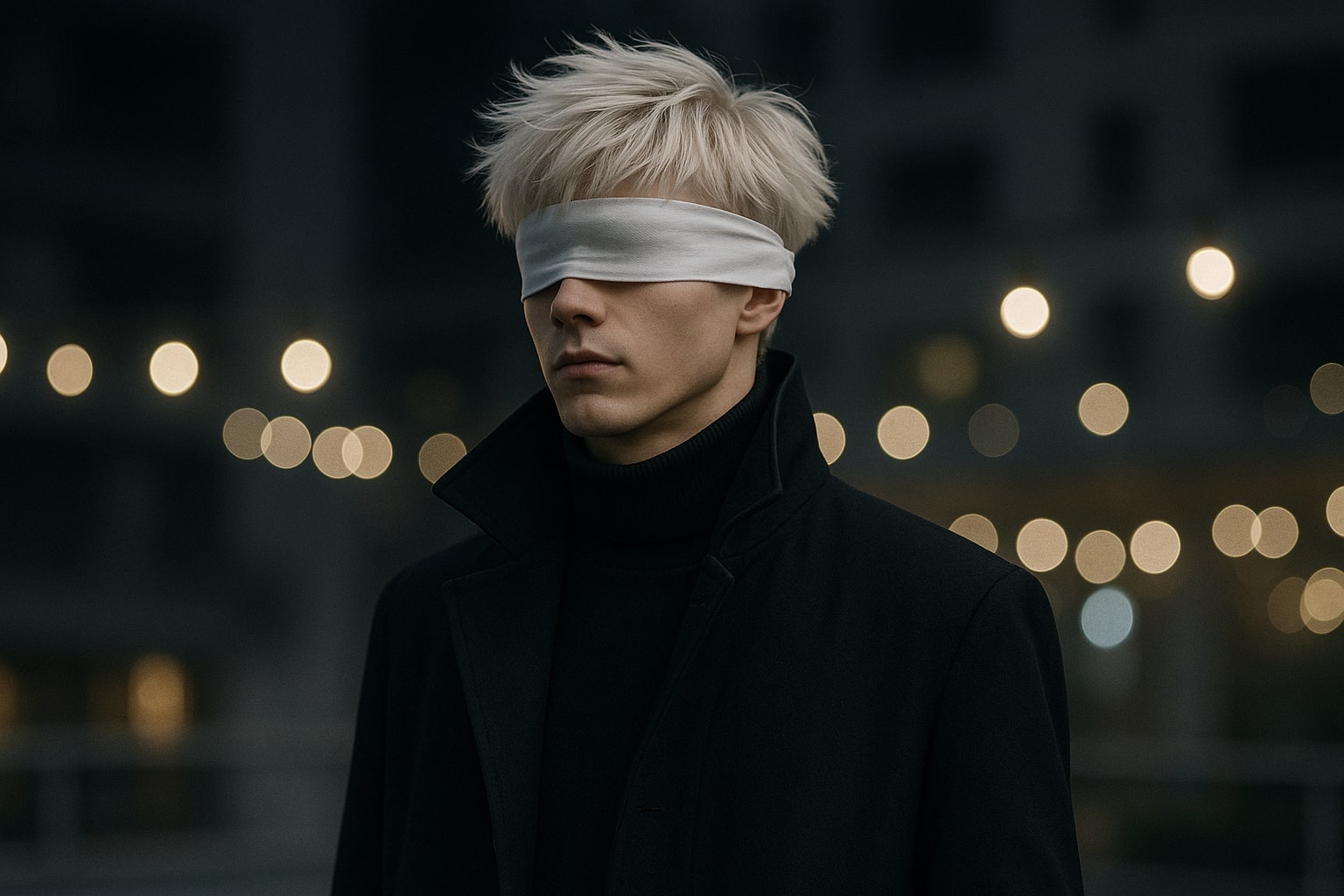 Годжо Сатору у чорному пальті з білою пов’язкою на очах