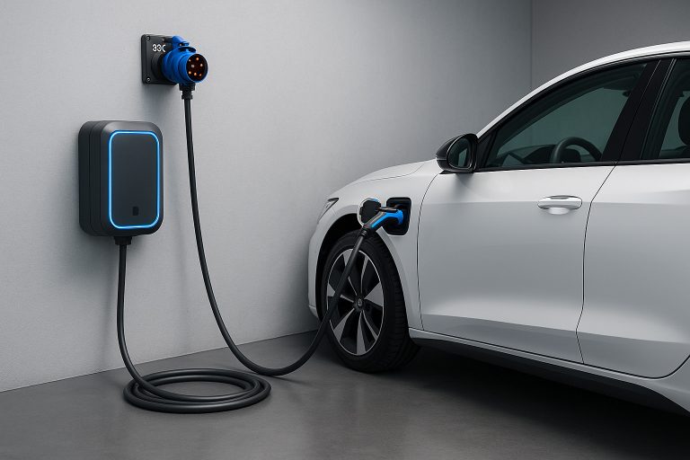 Електромобіль підключений до зарядного пристрою 32А (22 кВт) у сучасному гаражі, видно трифазну розетку 380В та кабель зарядки