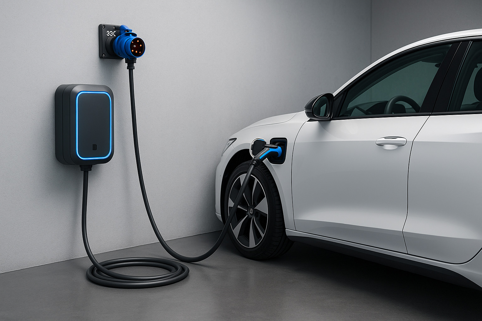 Електромобіль підключений до зарядного пристрою 32А (22 кВт) у сучасному гаражі, видно трифазну розетку 380В та кабель зарядки