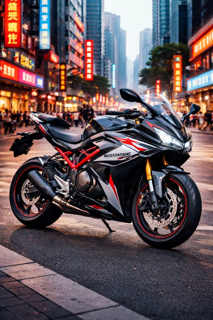 Современный китайский мотоцикл Musstang на городских улицах
