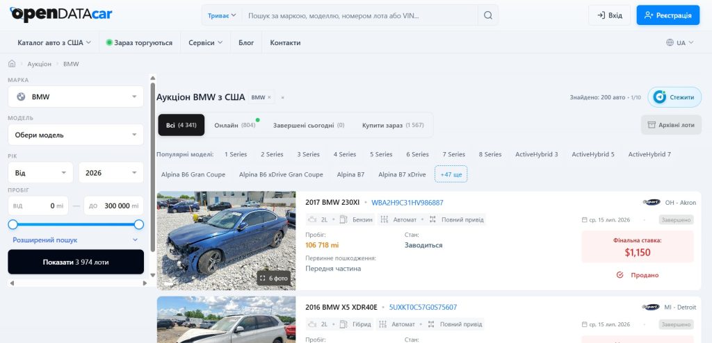 Пошук лотів BMW з аукціонів США